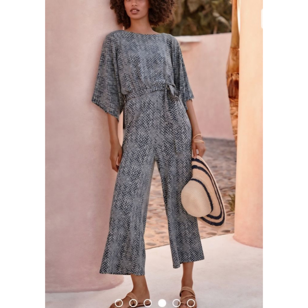 GARNET HILL NEW Prato Wide Leg Kumono Sleeve Blue White Patterned Jumpsuit 107 M